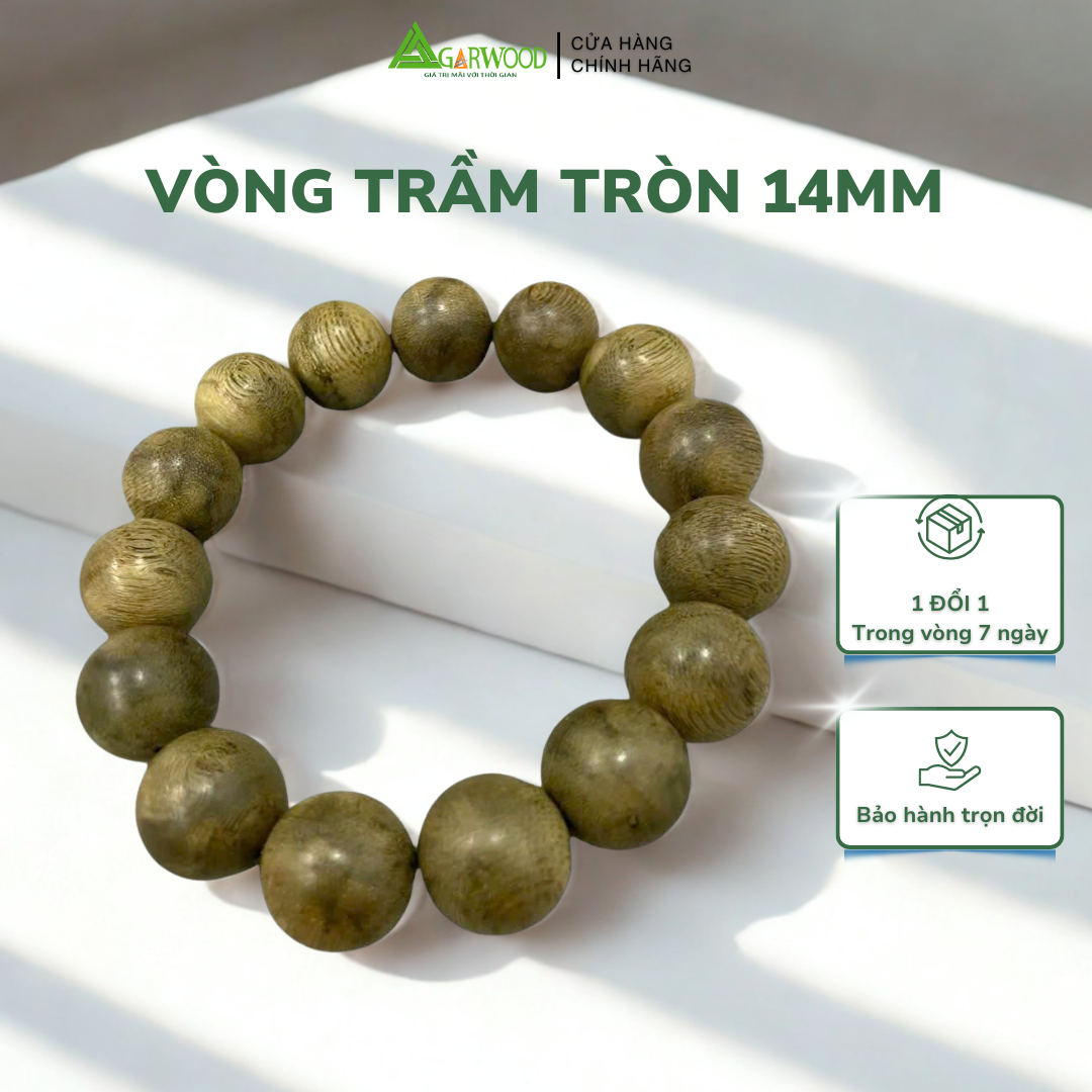 Vòng Tay Trầm Hạt Tròn 14mm Trầm Hương TTT Vân Đẹp Hỗ Trợ Xua Đuổi Tà Khí, Phong Thủy, Bình An